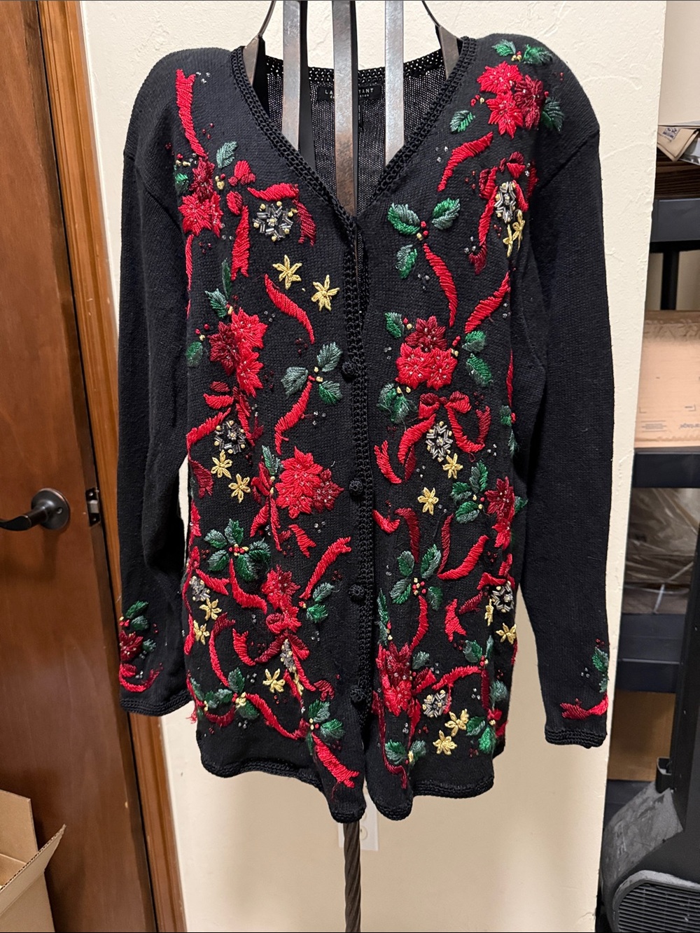 Lane Bryant Black Floral Embroidered V-Neck Cardigan with Red & Green Accents